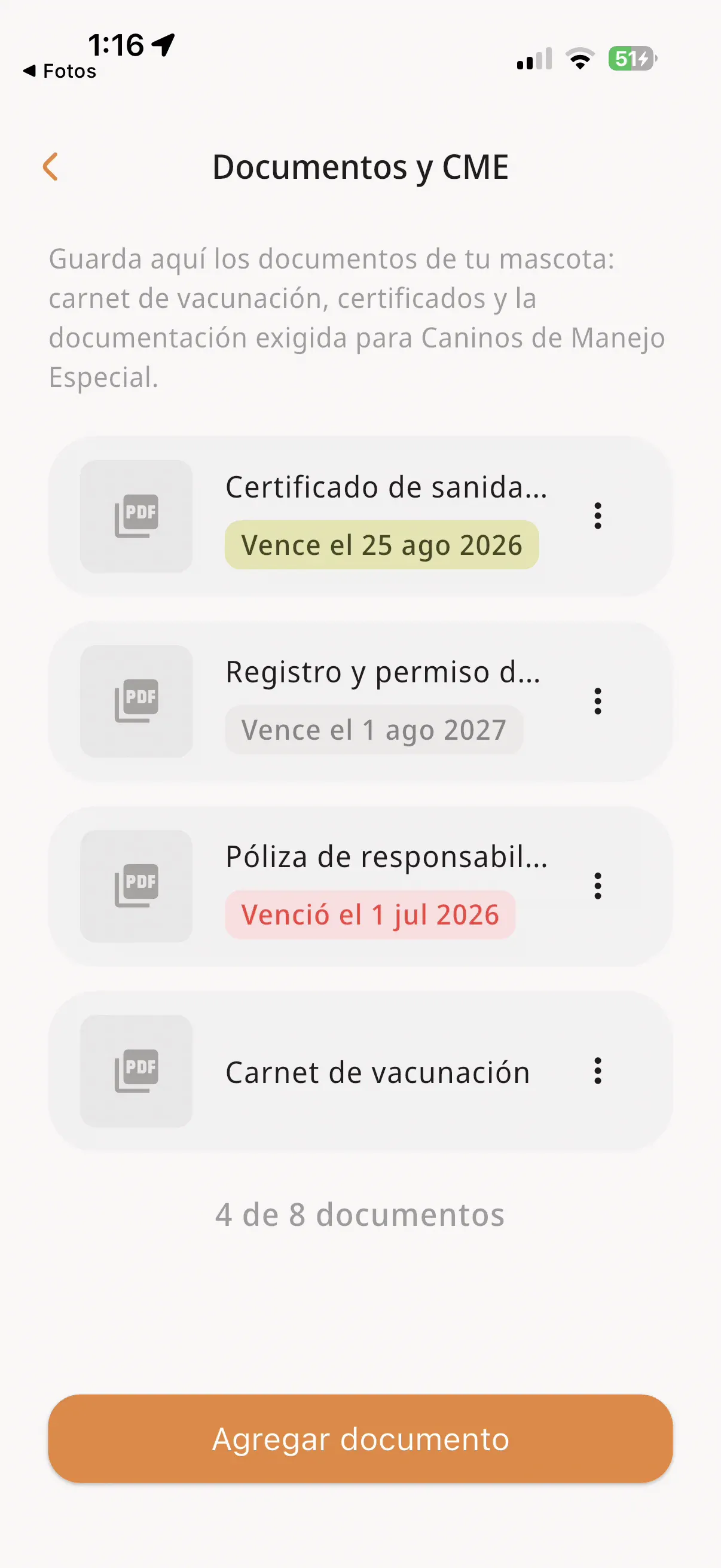 La lista de documentos con sus estados de vencimiento a la vista