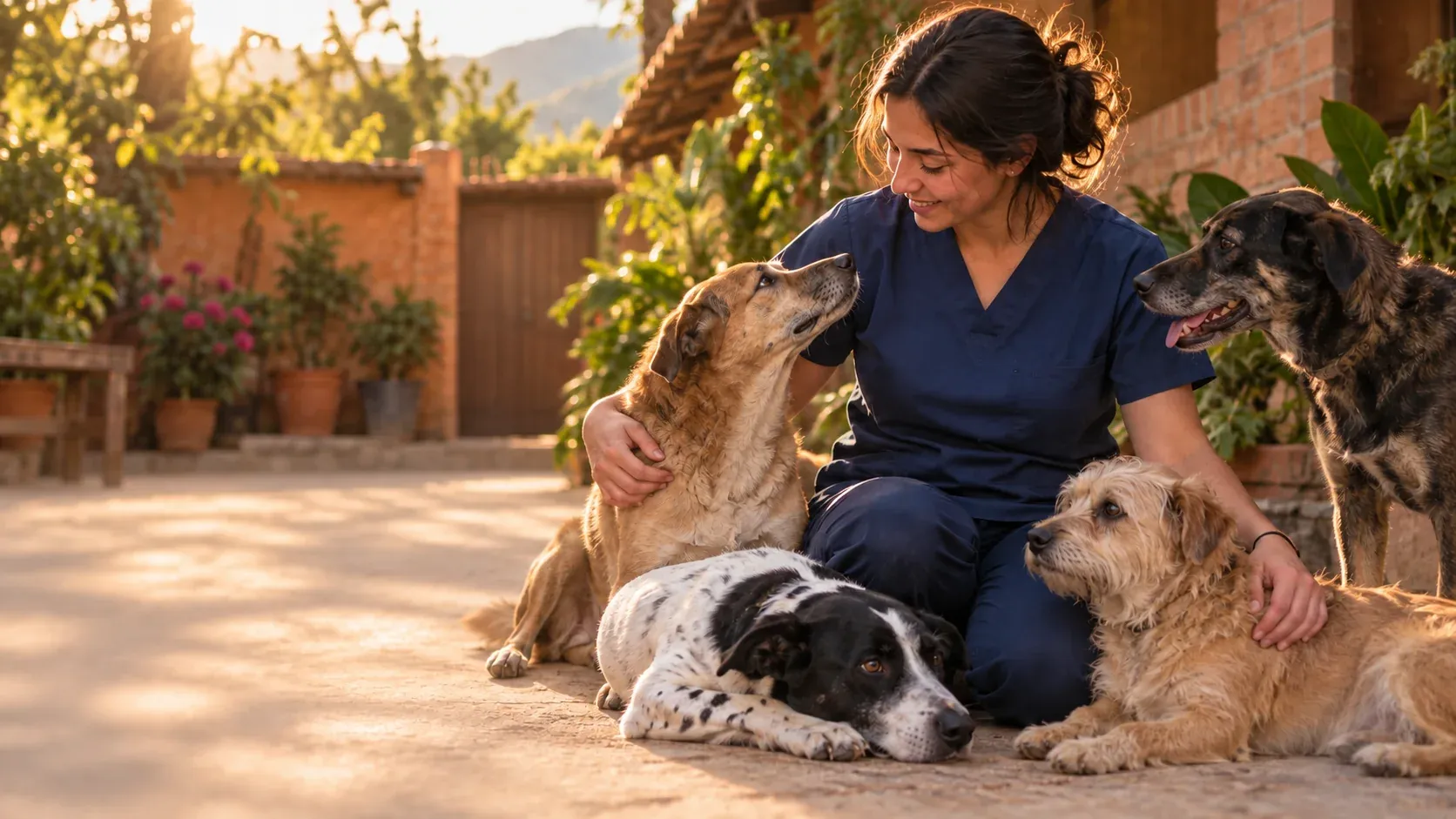 Veterinaria de una fundación acompañada de cuatro perros criollos en el patio del albergue