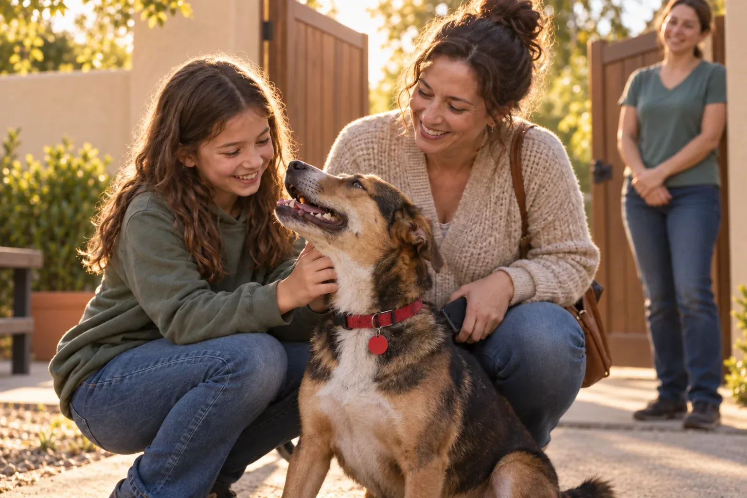 Una familia recibe en la puerta del albergue al perro que acaba de adoptar