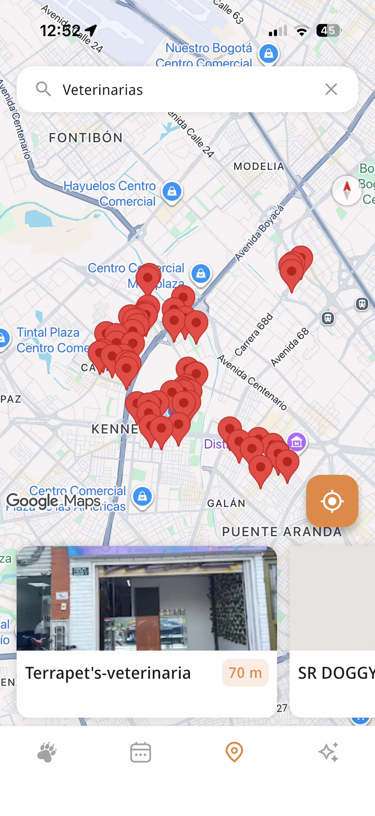 El mapa con veterinarias y lugares marcados