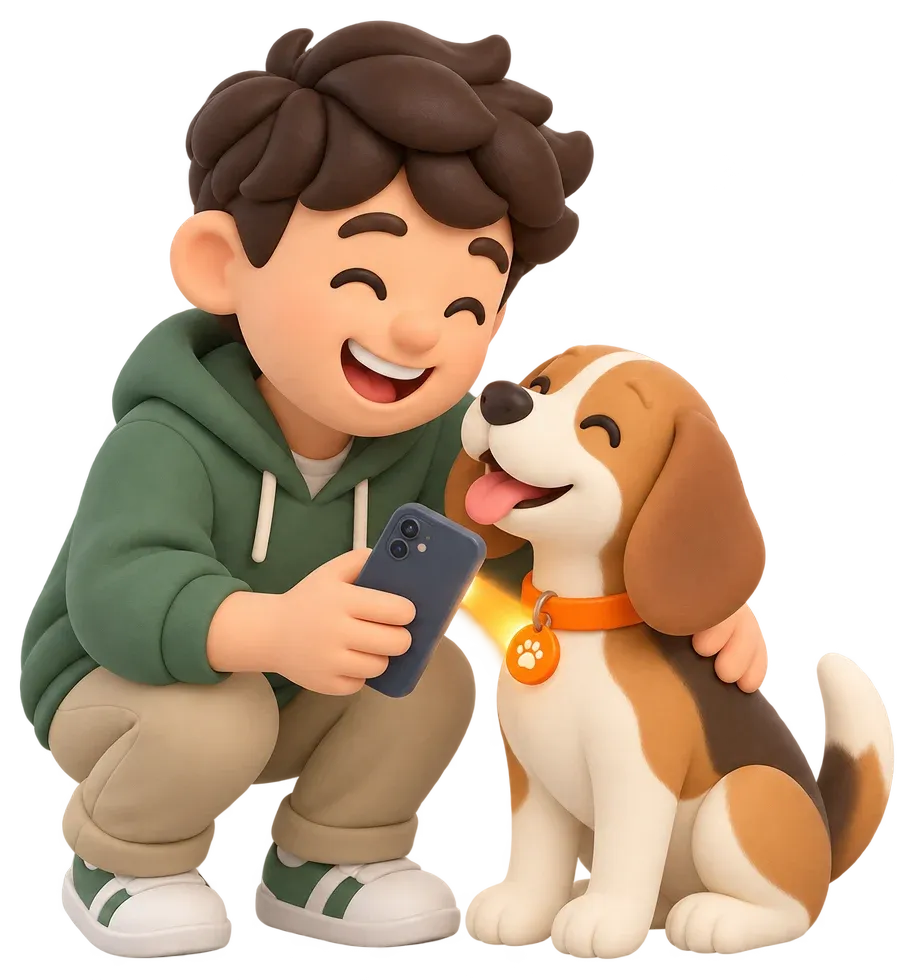 Alguien escanea con su celular el Smart Tag del collar de un beagle