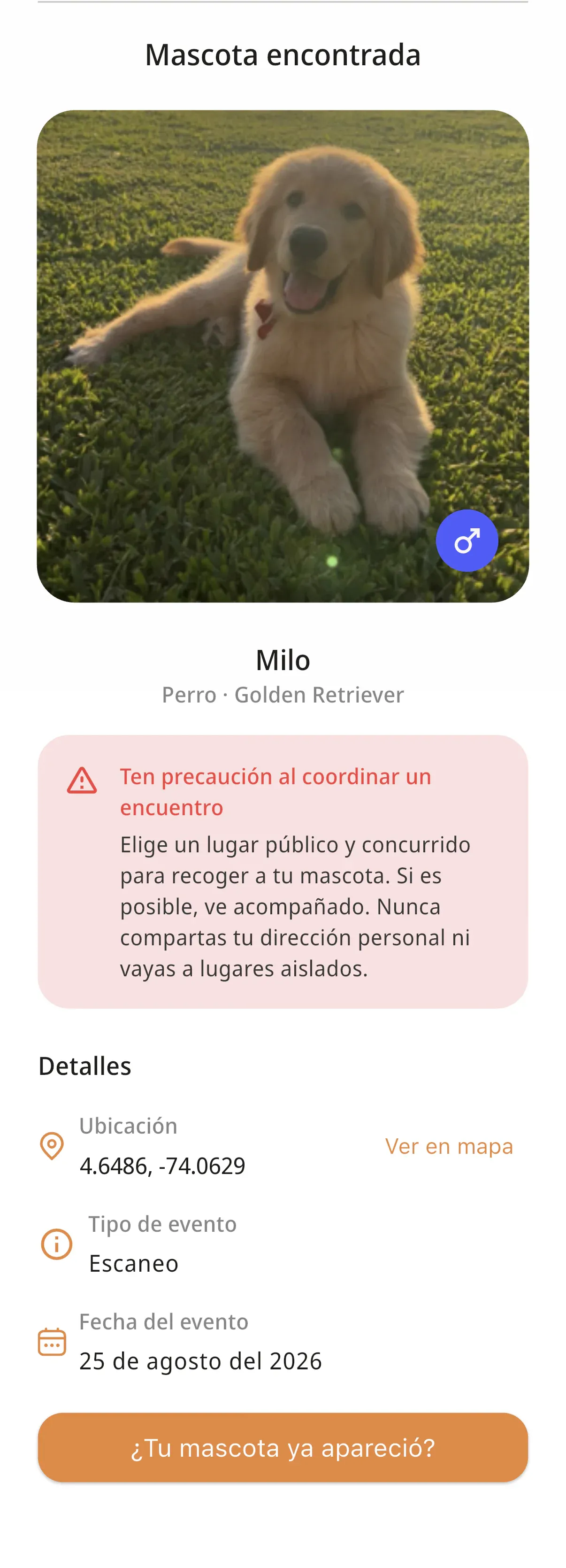 El aviso real de escaneo: la ubicación, la fecha y el tipo de evento, la pantalla entera