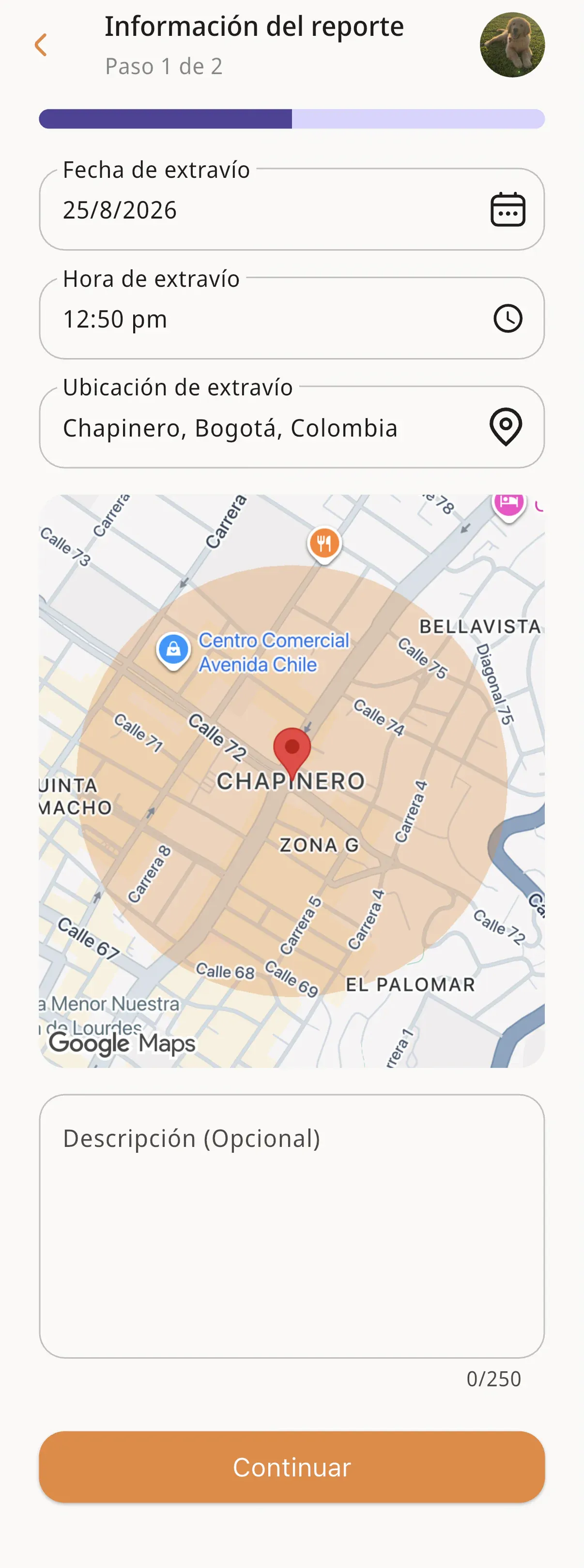 El paso 1 de 2 del reporte de pérdida, con el mapa del sitio de extravío